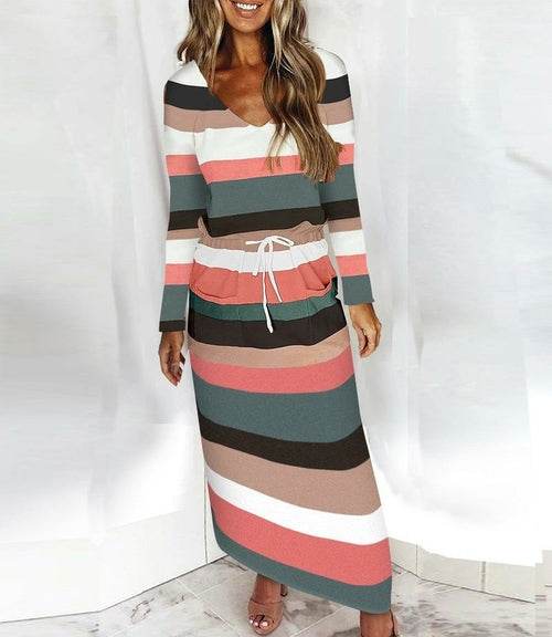 Women Casual Dress Spaghetti Long Sleeve Dress V Neck Splicing Dress - Big J's Showstoppin' Store